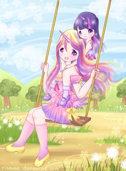 Size: 2735x3711 | Tagged: safe, artist:risocaa, princess cadance, twilight sparkle, human, g4, horn, horned humanization, humanized, winged humanization, younger