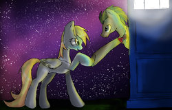 Size: 900x575 | Tagged: safe, artist:cannotbeunseen, derpy hooves, doctor whooves, time turner, pegasus, pony, g4, doctor who, female, mare, night, stars, tardis
