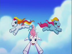 Size: 640x480 | Tagged: safe, screencap, baby honolu-loo, star catcher, thistle whistle, pegasus, pony, a very minty christmas, g3, baby honolu-loo can fly, catcherbetes, cloud, cloudy, cute, female, filly, flapping, flying, honolubetes, mare, open mouth, open smile, sky, smiling, star catcher can fly, thistle whistle can fly, thistlebetes, trio
