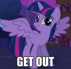 Size: 586x569 | Tagged: safe, edit, edited screencap, screencap, twilight sparkle, alicorn, pony, g4, magical mystery cure, female, get out, image macro, mare, reaction image, twiface, twilight sparkle (alicorn), wrong neighborhood