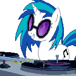 Size: 150x150 | Tagged: safe, dj pon-3, vinyl scratch, pony, unicorn, g4, animated, cutie mark, female, glasses, headbang, mare, record, simple background, smiling, solo, sunglasses, transparent background, turntable