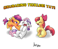 Size: 916x772 | Tagged: safe, artist:atrixy, apple bloom, scootaloo, sweetie belle, g4, cutie mark crusaders, tickling