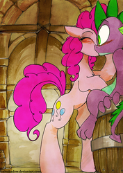 Size: 637x900 | Tagged: safe, artist:foxinshadow, pinkie pie, spike, g4, barrel, blushing, duo, female, interspecies, kissing, male, markers, ship:pinkiespike, shipping, straight, traditional art, watercolor painting