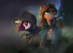 Size: 2900x2086 | Tagged: safe, artist:dawnfire, oc, oc only, oc:dawnfire, pegasus, pony, unicorn, cloak, clothes, colored pupils, crossover, ponified, skyrim, sword, the elder scrolls