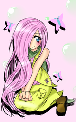 Size: 500x800 | Tagged: safe, artist:angiiaikukki, fluttershy, butterfly, human, g4, blushing, bubble, female, hair over one eye, humanized, sitting, solo