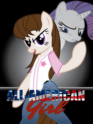 Size: 768x1024 | Tagged: safe, artist:rob barba, rarity, oc, oc:dj martinez, pony, g4, all-american girl, bipedal, clothes, fanfic, fanfic art, fanfic cover, jersey, logo, pants, poster