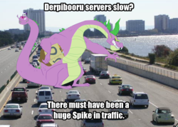 Size: 1178x837 | Tagged: safe, rarity, spike, dragon, pony, unicorn, derpibooru, g4, secret of my excess, car, carlos would be proud, greed spike, impact font, meta, motorway, ponies in real life, pun, server, spikezilla, traffic