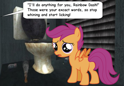 Size: 900x629 | Tagged: safe, rainbow dash, scootaloo, pegasus, pony, g4, butt, female, filly, image manipulation, plot, scootabuse, speech bubble, toilet