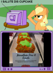 Size: 563x771 | Tagged: safe, applejack, g4, chips, cupcake, doritos, exploitable meme, food, mountain dew, rainbow dash salutes, salute, tv meme