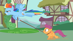 Size: 1200x672 | Tagged: safe, rainbow dash, scootaloo, pegasus, pony, g4, female, filly, leash, mare, scootabuse, scootaloo can't fly