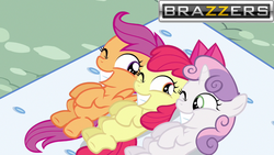 Size: 800x450 | Tagged: safe, apple bloom, scootaloo, sweetie belle, pony, unicorn, g4, brazzers, cutie mark crusaders, female, filly, foal, implied foalcon, wink