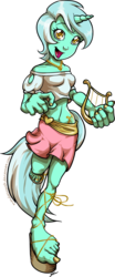 Size: 517x1237 | Tagged: safe, artist:mandarinswift, lyra heartstrings, anthro, plantigrade anthro, g4, belly button, clothes, feet, female, human facial structure, lyre, midriff, nail polish, necklace, sandals, skirt, solo, toenails, toes