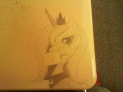 Size: 2048x1536 | Tagged: safe, princess luna, pony, g4, desk, female, graffiti, heart, mouth hold, photo, solo, traditional art