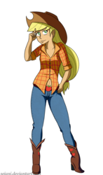 Size: 900x1526 | Tagged: safe, artist:seiani, applejack, human, g4, clothes, female, humanized, pants, simple background, solo