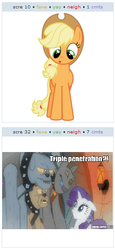 Size: 259x564 | Tagged: safe, applejack, rarity, g4, exploitable meme, juxtaposition, juxtaposition win