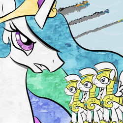 Size: 900x900 | Tagged: safe, artist:boumce, blaze, princess celestia, soarin', surprise (g4), g4, royal guard, wonderbolts