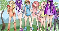 Size: 700x376 | Tagged: safe, artist:teacupika, applejack, fluttershy, pinkie pie, rainbow dash, rarity, spike, twilight sparkle, human, g4, clothes, converse, female, horn, horned humanization, humanized, mane seven, mane six, one-piece swimsuit, shoes, swimsuit, winged humanization