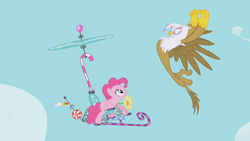 Size: 1280x720 | Tagged: safe, screencap, gilda, pinkie pie, griffon, pony, g4, griffon the brush off, season 1, bullying, helicopter, pedalcopter, pinkiecopter
