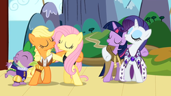 Size: 1280x720 | Tagged: safe, screencap, applejack, clover the clever, fluttershy, princess platinum, private pansy, rarity, smart cookie, spike, twilight sparkle, g4, hearth's warming eve (episode), hearth's warming eve