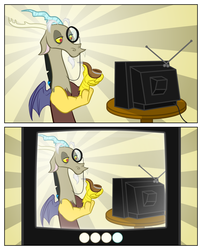 Size: 1050x1299 | Tagged: safe, discord, g4, exploitable meme, monocle, pipe, recursion, sunburst background, tv meme