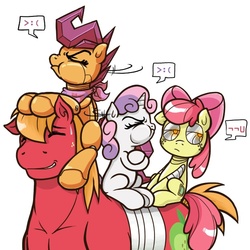 Size: 623x623 | Tagged: safe, artist:redhotkick, apple bloom, big macintosh, scootaloo, sweetie belle, earth pony, pegasus, pony, robot, robot pony, unicorn, ask big red macintosh, g4, >:c, apple bloom bot, apple bloom riding big macintosh, bandage, blank flank, cutie mark, cutie mark crusaders, eyes closed, female, filly, foal, frown, hooves, horn, male, ponies riding ponies, puffy cheeks, riding, scootabot, scootaloo riding big macintosh, simple background, sitting, stallion, sweetie belle riding big macintosh, sweetie bot, white background