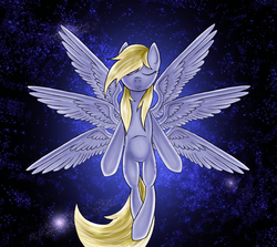 Size: 1364x1217 | Tagged: safe, artist:myhysteria, derpy hooves, pegasus, pony, seraph, g4, eyes closed, female, mare, multiple wings, six wings, solo, spread wings, the cosmos, wings