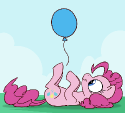 Size: 827x749 | Tagged: safe, artist:professor-ponyarity, pinkie pie, earth pony, pony, g4, animated, balloon, behaving like a cat, cute, diapinkes, female, hoofy-kicks, mare, on back, smiling, solo, that pony sure does love balloons, weapons-grade cute