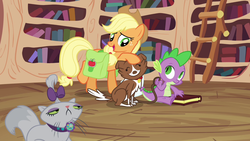 Size: 1280x720 | Tagged: safe, applejack, opalescence, spike, winona, cat, dog, dragon, earth pony, pony, g4, just for sidekicks, my little pony: friendship is magic, book, female, golden oaks library, male, mare, satchel