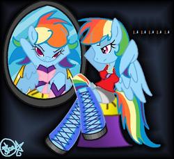 Size: 570x522 | Tagged: safe, artist:ilsebartoluci, rainbow dash, anthro, g4, altered reflection, mirror