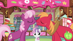 Size: 1280x720 | Tagged: safe, screencap, big macintosh, cheerilee, sweetie belle, earth pony, pony, g4, hearts and hooves day (episode), season 2, eyes closed, female, filly, foal, hearts and hooves day, hind legs, lip bite, male, mare, scrunchy face, ship:cheerimac, shipping, stallion, straight, sugarcube corner