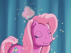 Size: 640x480 | Tagged: safe, screencap, pinkie pie (g3), g3, pinkie pie and the ladybug jamboree, curtains, magic, pink, pinkie squink, smoke, sparkles