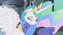 Size: 1280x720 | Tagged: safe, screencap, princess celestia, princess luna, alicorn, pony, g4, crown, cute, cutelestia, duo, duo female, female, jewelry, lunabetes, mare, regalia, royal sisters, siblings, sisters, smiling