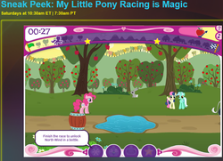 Size: 844x612 | Tagged: safe, bon bon, lyra heartstrings, pinkie pie, sweetie drops, g4, official, racing is magic, apple tree, barrel, game, hubworld, tree