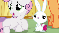 Size: 1280x720 | Tagged: safe, screencap, angel bunny, scootaloo, sweetie belle, g4, just for sidekicks, angel is a bunny bastard, smug