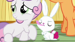 Size: 1280x720 | Tagged: safe, screencap, angel bunny, scootaloo, sweetie belle, g4, just for sidekicks, raspberry, tongue out