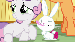 Size: 1280x720 | Tagged: safe, screencap, angel bunny, scootaloo, sweetie belle, g4, just for sidekicks, my little pony: friendship is magic, raspberry, tongue out