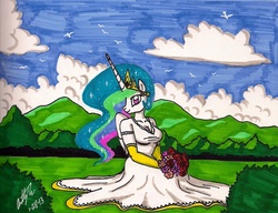 Size: 1570x1208 | Tagged: safe, artist:newyorkx3, princess celestia, alicorn, anthro, g4, bride, clothes, dress, tack, traditional art, wedding dress