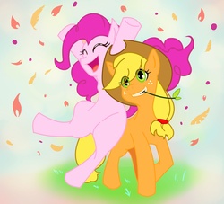 Size: 1755x1592 | Tagged: safe, artist:$88, applejack, pinkie pie, g4, leaves, pixiv