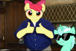 Size: 640x427 | Tagged: safe, edit, apple bloom, lyra heartstrings, g4, billy mays, filly mays, sunglasses, thumbs, thumbs up