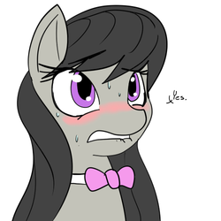 Size: 500x500 | Tagged: dead source, safe, artist:reiduran, octavia melody, earth pony, pony, g4, blushing, bow, bowtie, dialogue, female, lip bite, mare, simple background, solo, sweat, white background, yes
