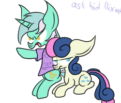 Size: 1280x1083 | Tagged: safe, artist:ask-kid-discord, bon bon, lyra heartstrings, sweetie drops, g4, 30 minute art challenge, bon bon is not amused, clothes, shirt, simple background, t-shirt, transparent background, unamused