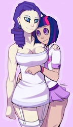 Size: 1109x1920 | Tagged: safe, artist:snofu, rarity, twilight sparkle, human, g4, garter belt, humanized