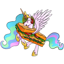 Size: 1116x1116 | Tagged: safe, artist:myminiatureequine, princess celestia, alicorn, pony, g4, clothes, costume, female, food, food costume, happy, sandwich, sandwich costume, simple background, solo, spread wings, transparent background, wings