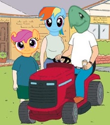 Size: 529x603 | Tagged: safe, edit, rainbow dash, scootaloo, tank, g4, crossover, cute, cute face, king of the hill, lawn mower, tank hill