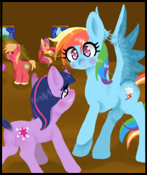 Size: 426x508 | Tagged: safe, big macintosh, rainbow dash, scootaloo, twilight sparkle, pegasus, pony, unicorn, g4, blushing, butt, drunk, drunk twilight, female, lesbian, male, mare, plot, ship:twidash, shipping, unicorn twilight, wingboner