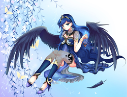 Size: 5800x4400 | Tagged: safe, artist:rurucreations, princess luna, human, g4, absurd resolution, alicorn amulet, anime, clothes, crown, cute, feather, female, humanized, jewelry, lunabetes, regalia, sitting, solo, stockings, thigh highs, winged humanization, wings