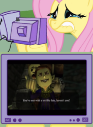 Size: 438x600 | Tagged: safe, fluttershy, g4, crying, exploitable meme, fluttercry, happy mask salesman, the legend of zelda, the legend of zelda: majora's mask, tv meme