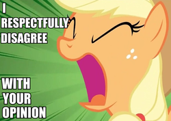 Size: 675x477 | Tagged: safe, edit, edited screencap, screencap, applejack, g4, over a barrel, season 1, all caps, applejack's hat, blonde hair, blonde mane, bust, cowboy hat, cropped, english, eyes closed, freckles, green background, hair tie, hat, image macro, impact font, lime background, open mouth, orange coat, orange fur, portrait, simple background, solo, sunburst background, text, volumetric mouth, yelling, yellow hair, yellow mane