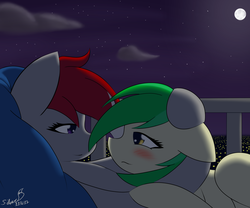 Size: 1500x1250 | Tagged: safe, artist:silverfox057, oc, oc only, pony, balcony, blushing, duo, female, floppy ears, full moon, hoof around neck, lesbian, lidded eyes, looking at each other, lying on top of someone, mare, moon, night, night sky, oc x oc, on back, shipping, signature, sky, starry night
