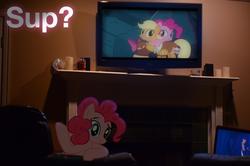 Size: 2048x1356 | Tagged: safe, pinkie pie, g4, ponies in real life, sup, television